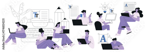 People Work with Text Editing and Writing Article Vector Set