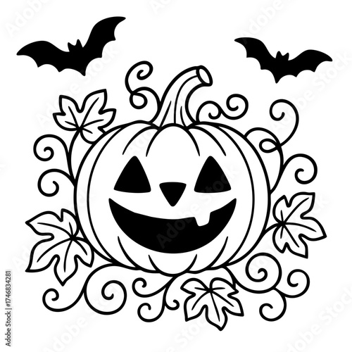 Cute Halloween Pumpkin Vector Illustration. Spooky Jack-O-Lantern and Bats. Outline Design. Coloring Book Page. SVG. Transparent Background. Printable Halloween Design.