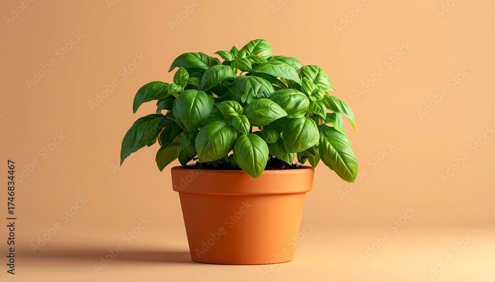 Fototapeta premium A healthy basil plant with vibrant green leaves grows densely in a brown plastic pot, 