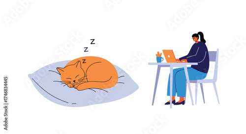 A person working on a laptop while their cat sleeps peacefully on a pillow nearby.