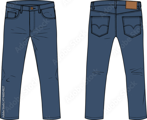 Blue jeans front view, back view denim pants, slim fit trousers, fashion apparel clothing, casual wear, stylish denim design illustration