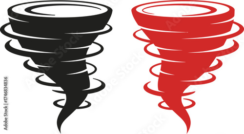 Two swirling tornado vectors in black and red scalable graphic design