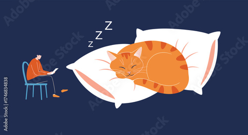 A person reads a book while their cat sleeps soundly on a pillow nearby.