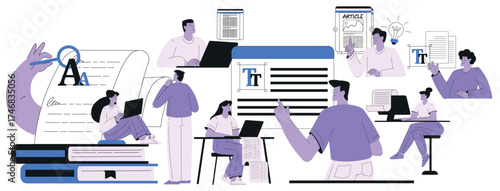 People Work with Text Editing and Writing Article Vector Set