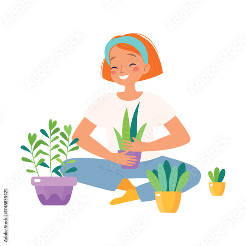 Woman Character Enjoy Plant Cultivation and Gardening Vector Illustration