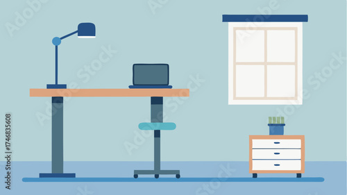 A workspace highlighting a standing desk setup with an adjustable monitor arm paired with a simple stool and a minimalist calendar on the wall.