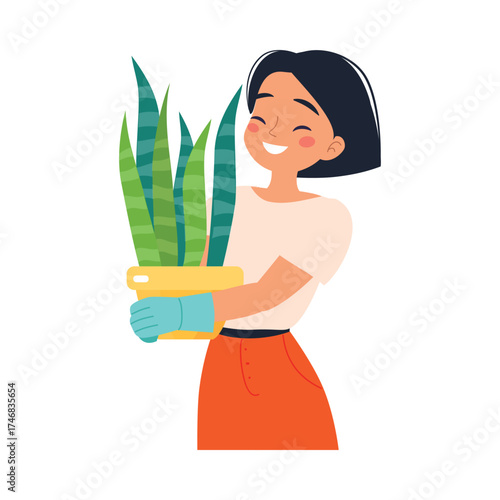 Woman Character Enjoy Plant Cultivation and Gardening Vector Illustration