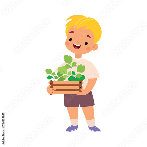 Boy Character Enjoy Plant Cultivation and Gardening Vector Illustration