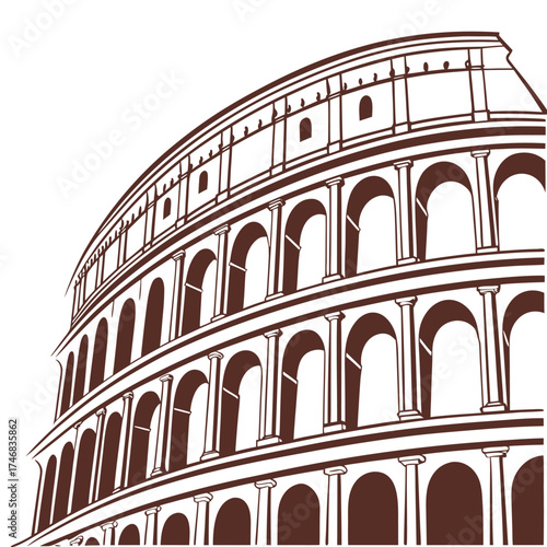 Vintage architectural illustration of the ancient Roman Colosseum with detailed arches and columns, perfect for history, travel, architecture, poster, and educational design projects.
