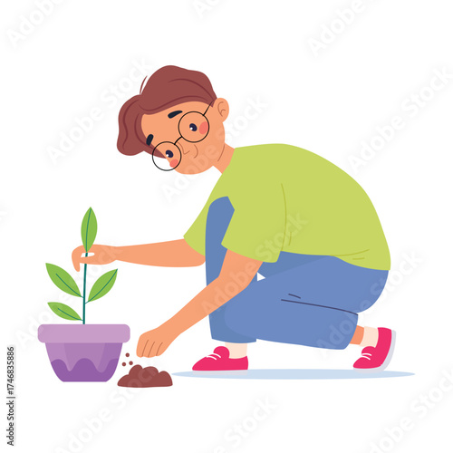 Man Character Enjoy Plant Cultivation and Gardening Vector Illustration