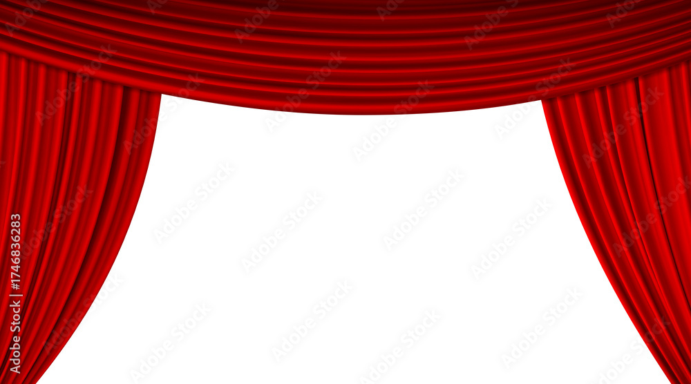 Fototapeta premium A red stage curtain is opening, the top edge is long and separated. Velvet curtain for a movie, concert or theater scene. PNG transparent.