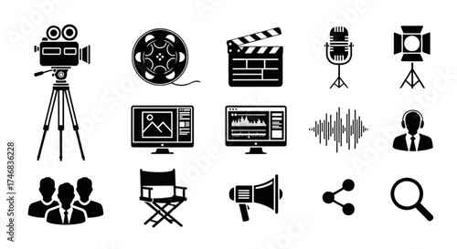 A professional collection of black and white filmmaking silhouettes representing various video production equipment and industry roles.
