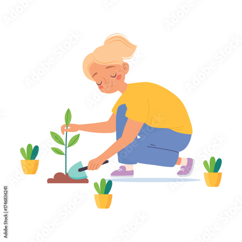 Woman Character Enjoy Plant Cultivation and Gardening Vector Illustration