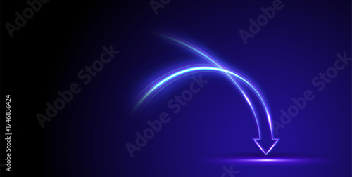 Blue curved arrow in motion on dark background. Glowing neon arrow with light trails. Personal growth. Quick result. Innovation technology and finance.