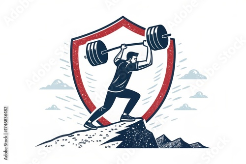 A determined athlete lifting weights triumphantly on a mountain peak with a protective shield backdrop