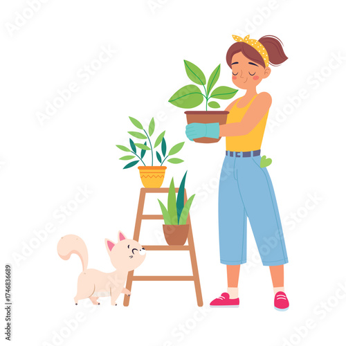 Woman Character Enjoy Plant Cultivation and Gardening Vector Illustration