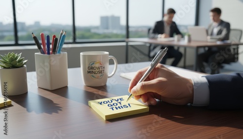 A Person's Hand Writing an Encouraging Phrase on a Sticky Note in a Professional Office Environment