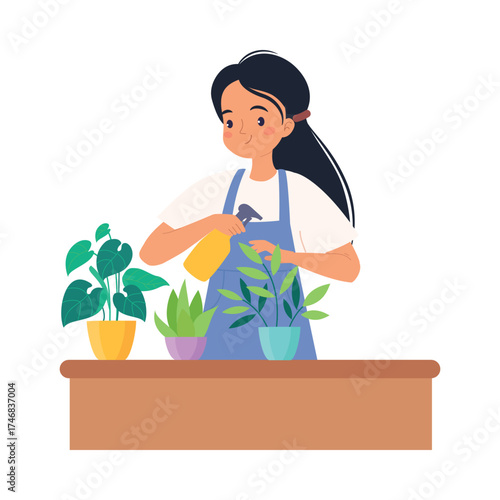 Woman Character Enjoy Plant Cultivation and Gardening Vector Illustration