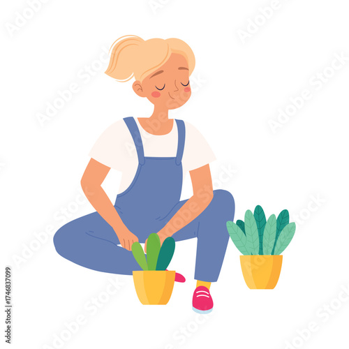 Woman Character Enjoy Plant Cultivation and Gardening Vector Illustration