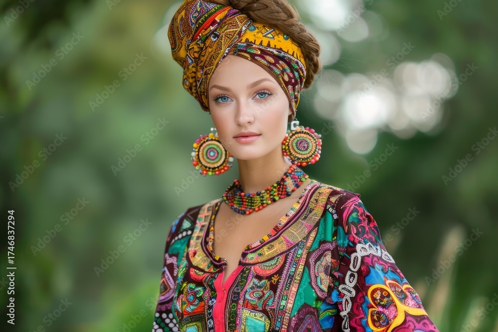 Fototapeta premium Beautiful young woman with braided hair wearing a colorful ethnic dress, turban, and jewelry posing in a park