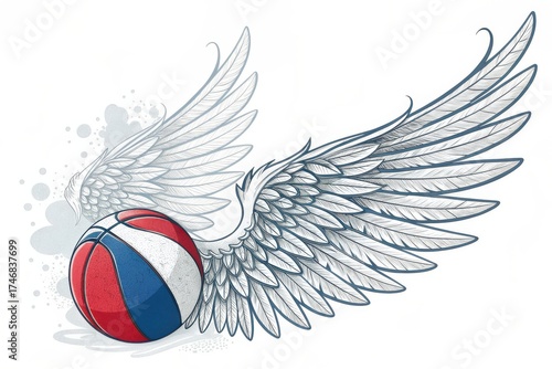 Artistic illustration of a basketball with angelic wings, symbolizing freedom and aspiration