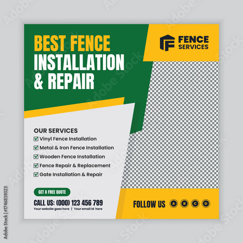 Residential and commercial fence repair and installation services, social media post or web banner design template for outdoor fencing, security fencing, and property boundary solutions