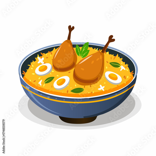 Delicious and aromatic chicken biryani served in a traditional blue bowl with boiled eggs and fresh mint leaves