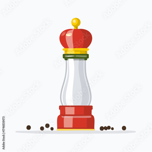 A vibrant red pepper mill grinder with a golden top, depicted in a flat design style. This culinary tool is shown with scattered black peppercorns on a white background