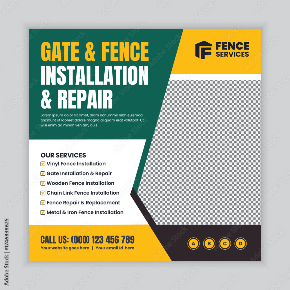 Obraz premium Residential and commercial fence repair and installation services, social media post or web banner design template for outdoor fencing, security fencing, and property boundary solutions