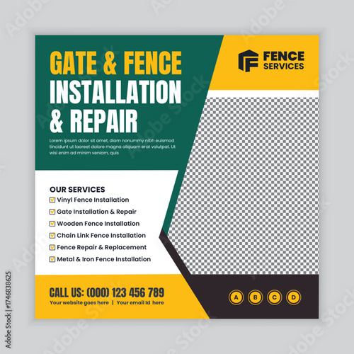 Residential and commercial fence repair and installation services, social media post or web banner design template for outdoor fencing, security fencing, and property boundary solutions