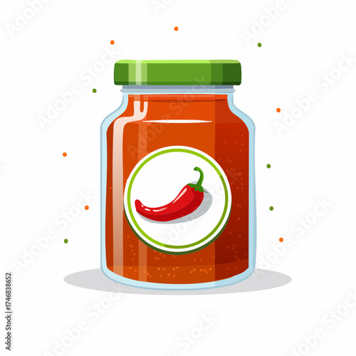 Spicy red hot chili sauce in a glass jar with a pepper icon on the label, isolated vector food illustration