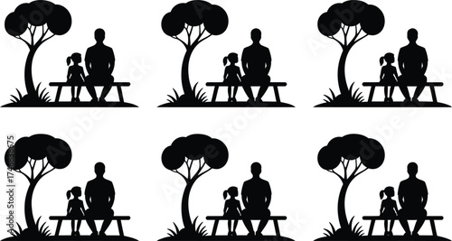 Father and child silhouettes share quiet moments on park bench under trees
