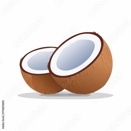 Freshly cut tropical coconut halves, revealing white edible flesh and natural brown husk, perfect for healthy food, exotic recipes, and refreshing beverage concepts
