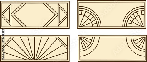 Elegant art deco frame set with geometric linear patterns in brown on beige background, perfect for vintage invitations, labels, posters, packaging, and luxury decorative design projects.