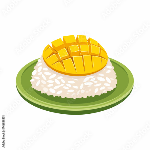 Delicious Thai mango sticky rice dessert illustration, a sweet and tropical Asian culinary delight with fresh fruit and glutinous grains
