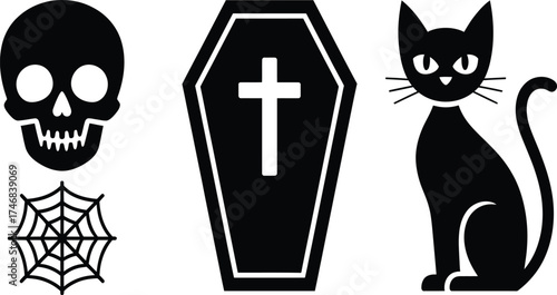 Spooky Halloween icons: skull, coffin, cat, and spiderweb for festive celebrations