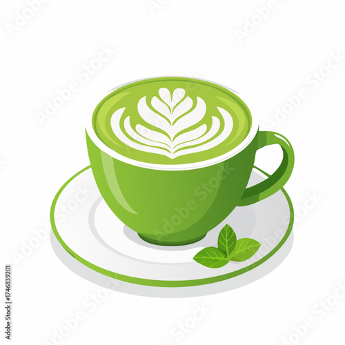 A cup of green matcha tea latte with beautiful rosetta foam art, isolated on a white background
