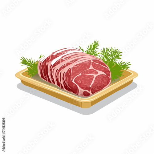 Fresh raw marbled pork neck or beef steak slices on a market tray with dill garnish, a vector illustration isolated on a white background