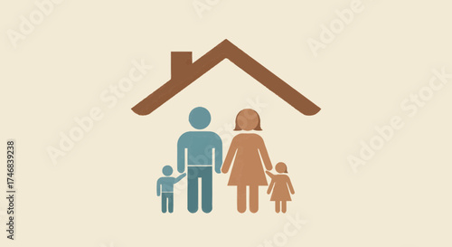 Family standing together under a house icon symbolizing home and unity