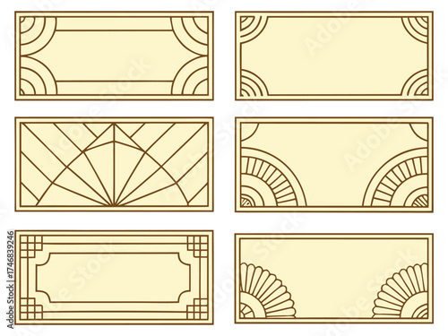 Set of elegant art deco frame designs with geometric linear patterns and classic brown outlines on beige background, perfect for invitations, labels, posters, packaging, and vintage decor projects.