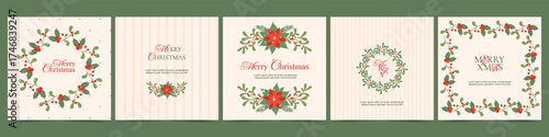Merry Christmas greeting card set with hand drawn Poinsettia flowers, holly berries, fir branches and typography. Xmas design for branding, banner, poster, cover, invitation.