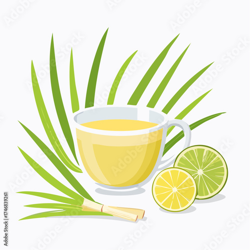 Vector illustration of a healthy herbal drink with lemongrass stalks and fresh lime slices