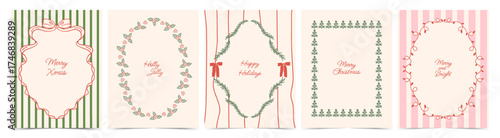 Set of doodle hand drawn Xmas greeting cards. Vintage whimsical design with border frame, garlands, branches Christmas tree, holly, bows. Trendy vector template for branding, poster, invitation.