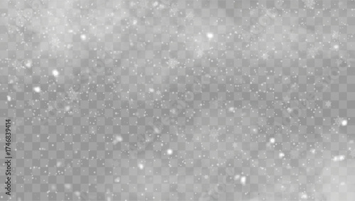 Snowfall isolated. Winter background. Snow overlay illustration. Snowflakes and ice.