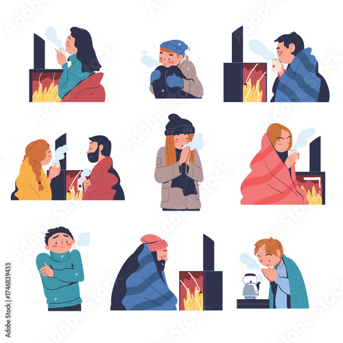 Freezing People Character Wearing Warm Clothes Trembling Feeling Cold Vector Set