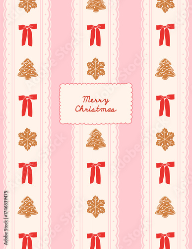 Cute Christmas greeting card with gingerbread cookie in the shape of Christmas tree, snowflakes and red bow on pink background. Minimalist holiday poster, invitation, cover, banner.