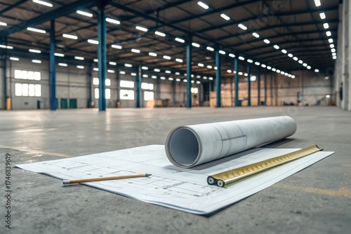 Architectural plans and a rolled blueprint resting on the floor of a spacious, empty warehouse