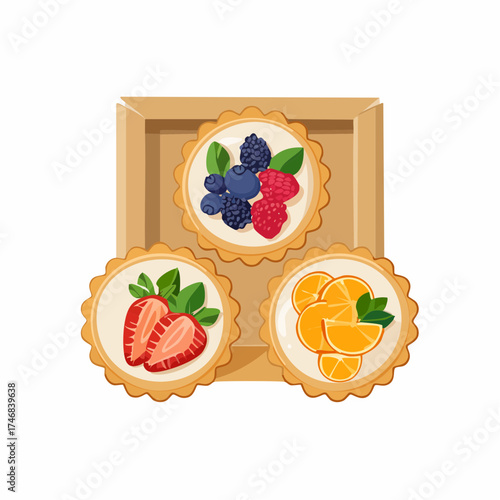 Three decorative tarts, each topped with a different assortment of fresh fruits and cream, presented in a wooden tray.