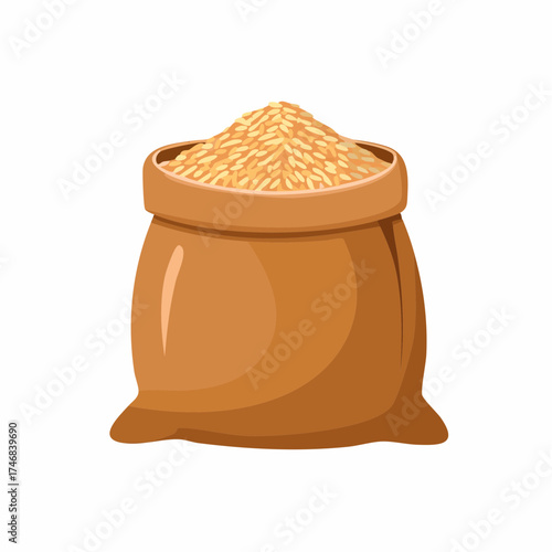 Vector illustration of a burlap sack full of raw rice grains isolated on a white background