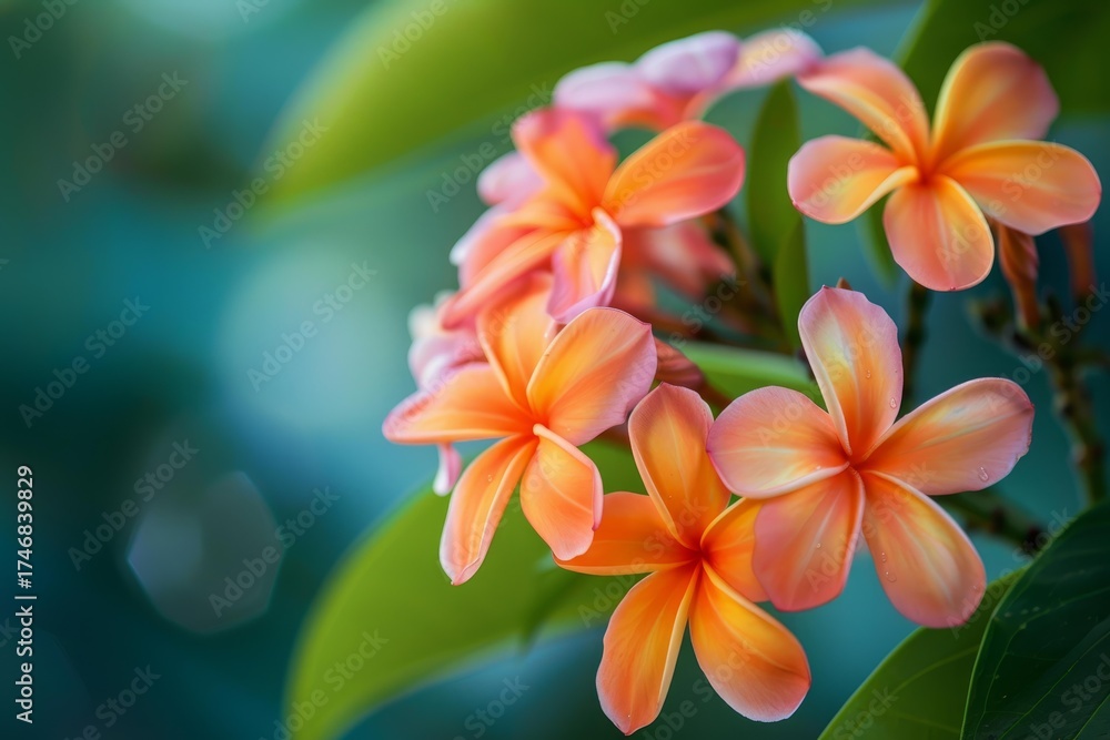 Fototapeta premium Orange and pink plumeria flowers blooming on a tree in a tropical garden with green leaves and blurred background